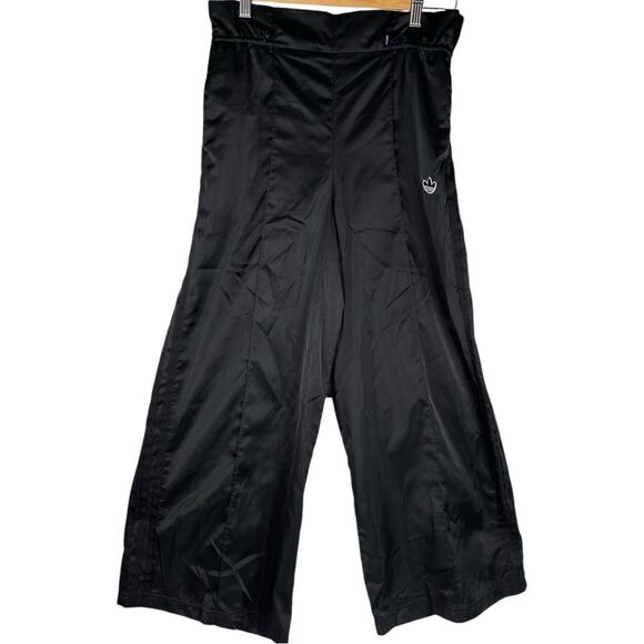 Adidas Black 7/8 Satin Wide Leg Drawcord Athleisure Pants Size Small - Picture 2 of 12